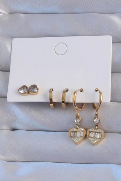 BUTİK AYVİTRİN 316L Çelik Gold Renk Zirkon Taşlı Kalp Model Halka Küpe Seti ürün görseli 1
