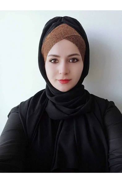 BUTİK AYVİTRİN Kadın Tesettür Tek Bantlı Simli Hazır Trend Şal Siyaha Bakır ürün görseli 1