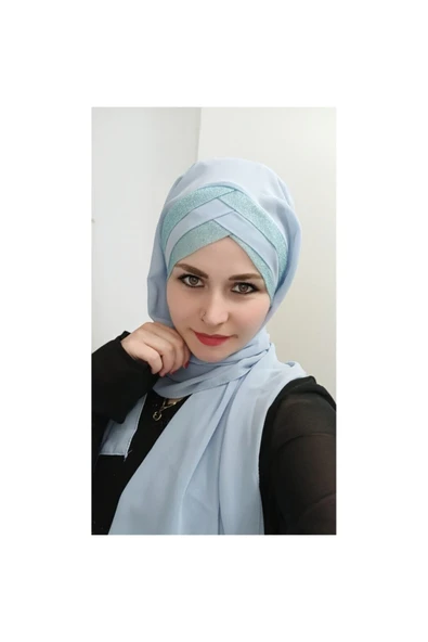 BUTİK AYVİTRİN Kadın Tesettür Hazır Üç Bantlı Titi Şal Bebe Mavisi ürün görseli 1