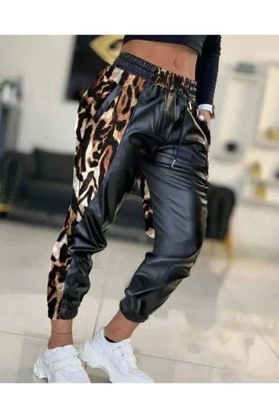 BUTİK AYVİTRİN Bel ve Paça Lastikli Detay Yanları Leopar Detay Bağcıklı Deri Pantolon ürün görseli 1