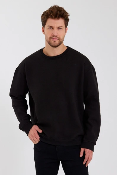 BUTİK AYVİTRİN Unisex Üç Iplik Triko Oversize Bisiklet Yaka Siyah ürün görseli 1