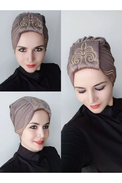 BUTİK AYVİTRİN Kadın Şal Nakış Işleme Çift Taraflı Bone Koyu Vizon ürün görseli 1