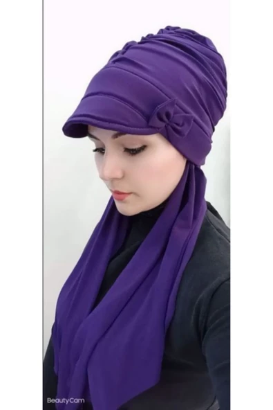 BUTİK AYVİTRİN Kadın Mor Fiyonk Detay Şapka Şal Bone ürün görseli 1
