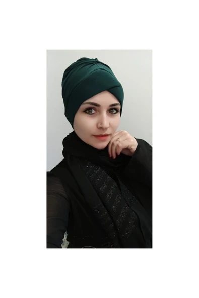 BUTİK AYVİTRİN Kadın Yeşil Tesettür Çapraz Bone ürün görseli 1