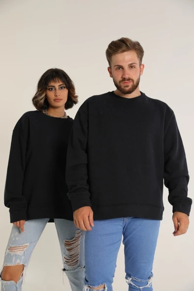 BUTİK AYVİTRİN Sevgili Kombini Çift Unisex Triko Ovarsize Bisiklet Yaka Siyah ürün görseli 1