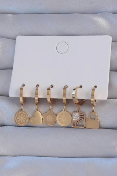 BUTİK AYVİTRİN 316L Çelik Gold Renk Zirkon Taşlı Çiçek Figürlü Kalp Model Halka Küpe Seti ürün görseli 1