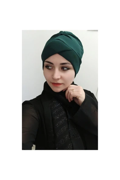 BUTİK AYVİTRİN Kadın Yeşil Tesettür Çapraz Bone - Resim 2