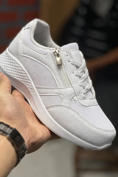 BUTİK AYVİTRİN Spor Ayakkabı Unisex Fermuar Detay Bağcıklı Beyaz ürün görseli 1