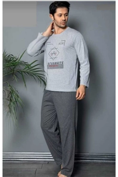BUTİK AYVİTRİN Erkek Gri Lacivert Renkli Uzun Kollu Pijama Takımı ürün görseli 1
