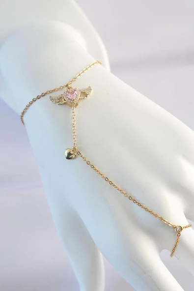 BUTİK AYVİTRİN 316L Çelik Gold Renk Pembe Zirkon Taşlı Kanatlı Kalp Model Şahmeran ürün görseli 1