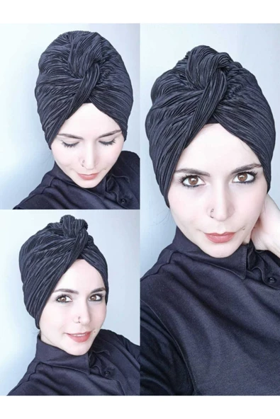 BUTİK AYVİTRİN Kadın Tesettür Piliseli Düğüm Bone Siyah ürün görseli 1