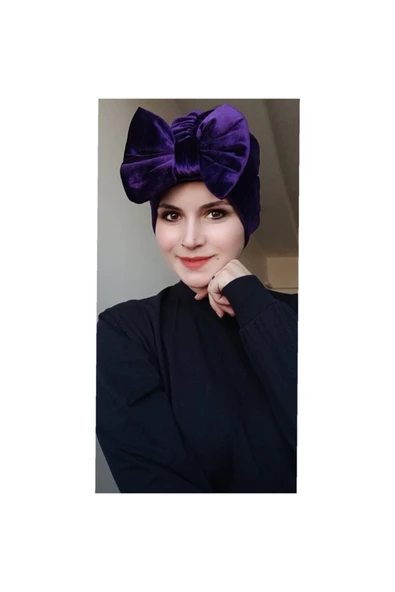 BUTİK AYVİTRİN Kadın Tesettür Kadife Fiyonklu Bone Mor ürün görseli 1