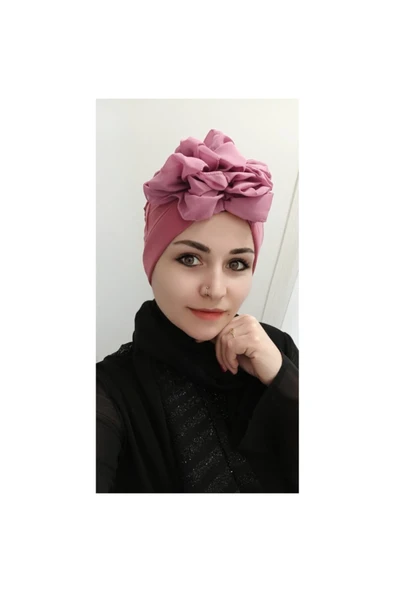 BUTİK AYVİTRİN Kadın Tesettür Şerit Detaylı Çift Taraflı Bone Gülkurusu ürün görseli 1