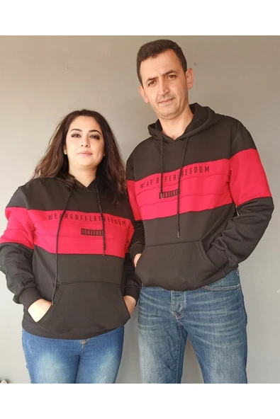 BUTİK AYVİTRİN Sevgili Kombini Kapşonlu Çift Sweatshirt Kırmızı Şerit ürün görseli 1