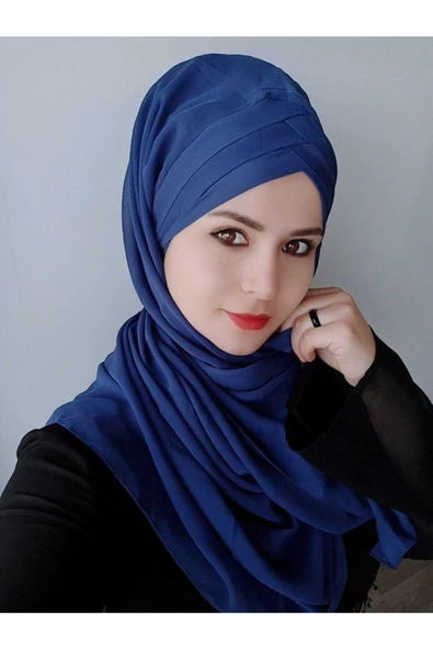 BUTİK AYVİTRİN Kadın Tesettür Üç Bantlı Modern Şal Mavi ürün görseli 1
