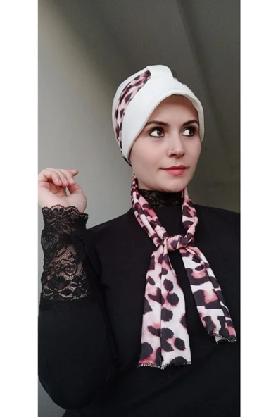 BUTİK AYVİTRİN Kadın Leopar Atkı Bone Ekru ürün görseli 1