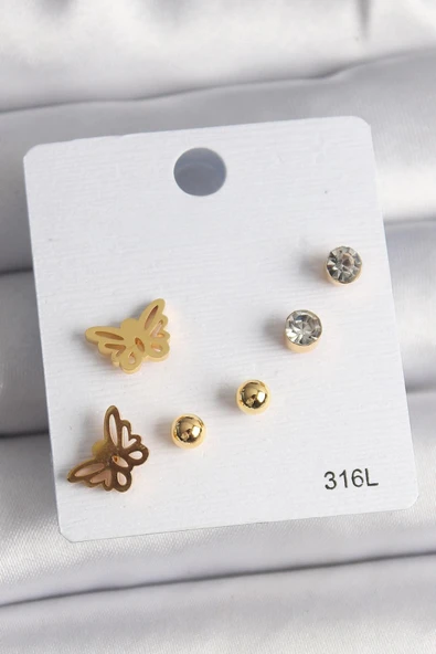 BUTİK AYVİTRİN 316L Çelik Gold Renk Zirkon Taşlı Kelebek Figür Kadın Küpe Seti ürün görseli 1