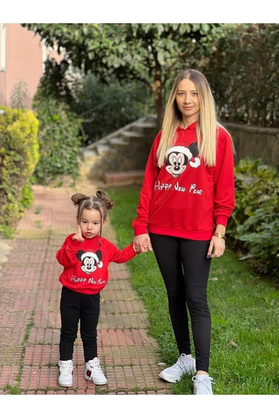 BUTİK AYVİTRİN Anne Kız Sweatshirt Baskılı Kırmızı Tek Fiyatıdır ürün görseli 1