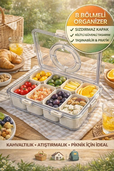 8 Bölmeli Saklama Kabı Renkli İç Bölmeli Kilitli Sızdırmaz Organizer Piknik Gıda Kutusu Renkli ürün görseli 1
