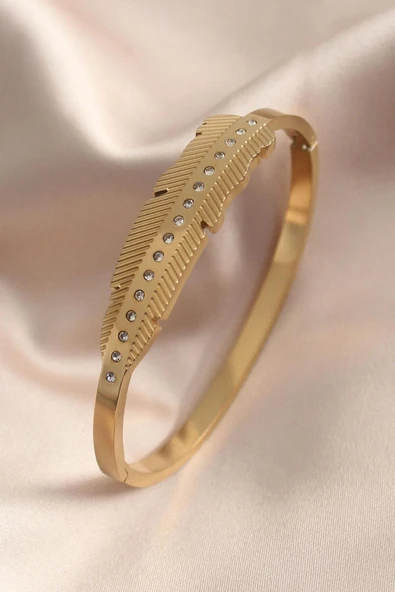 BUTİK AYVİTRİN Gold Renk Yaprak Model Zirkon Taş Detay Kelepçe Kadın Bileklik ürün görseli 1