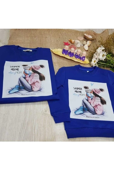 BUTİK AYVİTRİN Anne Kız Çocuk Sweatshirt Tek Fiyatıdır Mavi ürün görseli 1