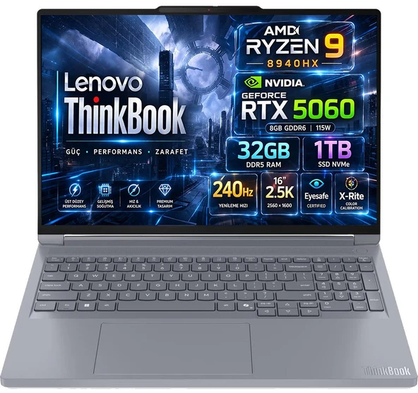 Lenovo ThinkBook 16p G6 ADR AMD Ryzen 9 8940HX 32GB 1TB SSD RTX 5060 8GB (115W) 16" WQXGA (2560x1600) IPS Panel 240Hz Freedos Taşınabilir Bilgisayar 21U00013TX ürün görseli 1