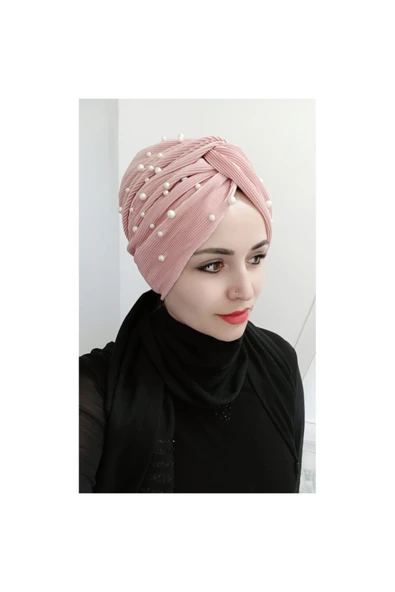 BUTİK AYVİTRİN Pliseli Incili Düğüm Bone Gül Kurusu - Resim 3