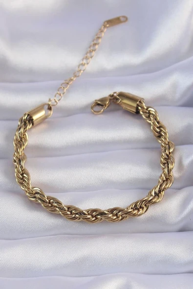 BUTİK AYVİTRİN Kadın 316L Çelik Gold Renk Kalın Burgu Zincir Bileklik ürün görseli 1