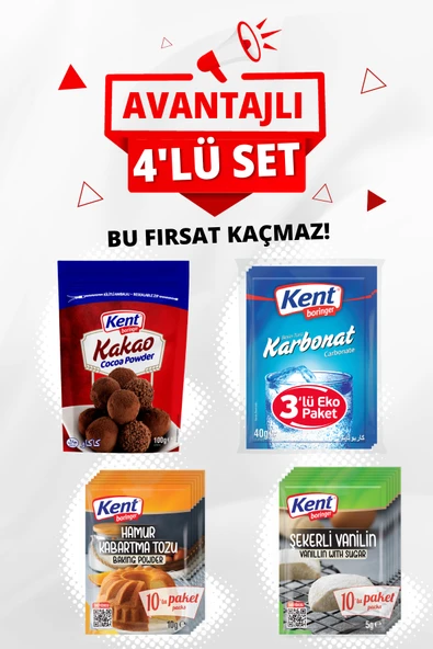 KentBoringer Pasta Yardımcıları Avantaj 4'lü Set(Kakao-Hamur Kabartma tozu-Karbonat-Şekerli Vanilin) ürün görseli 1