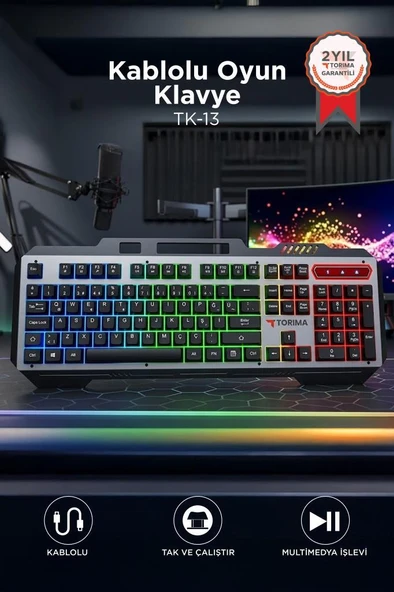 Oyuncu Klavyesi Rgb Işıklı Mekanik Ergonomik Kablolu Klavye TK13 Siyah ürün görseli 1