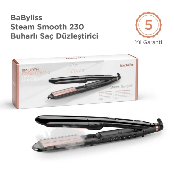 BaByliss Steam Smooth 39mm 230 Derece 5 Isı Ayarı Turmalin Seramik İyon Etkili Buharlı Saç Düzleştirici ST493E ürün görseli 1
