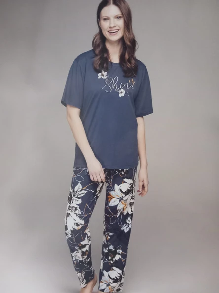 Kadın Büyük Beden Kısa Kollu Pijama Takımı Lacivert 2434 ürün görseli 1