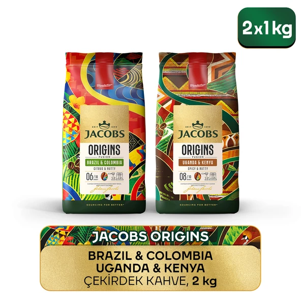 Jacobs Origins Brazil & Colombia + Uganda & Kenya Çekirdek Kahve 1 Kg 2'li Paket ürün görseli 1
