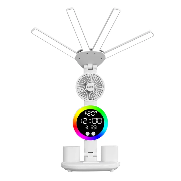 S-Link Sl-M9070 Glow Beyaz Dokunmatik Led Lamba Saat Fan Derece Kalemlikli Masa Lambası ürün görseli 1