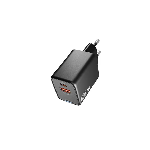 Hytech Hy-Xeg45 Type Usb-C 45W Pd + 18W Usb Qc 3.0 Gan Siyah Hızlı Ev Şarj Adaptörü ürün görseli 1