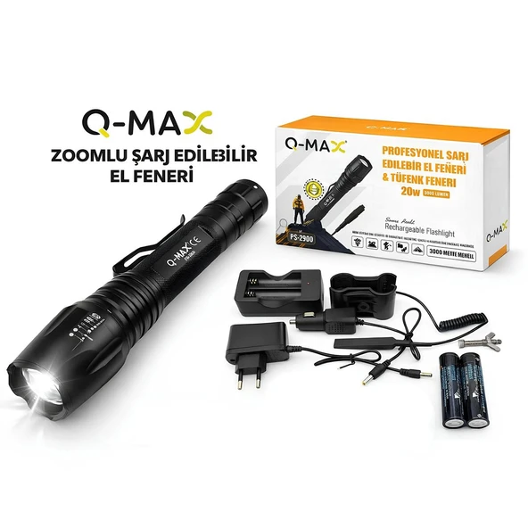 Farissu Q-MAX PS2900 3000 Lümen Şarjlı El Feneri Tüfek Aparatlı Zoomlu Profesyonel Avcı Feneri ürün görseli 1