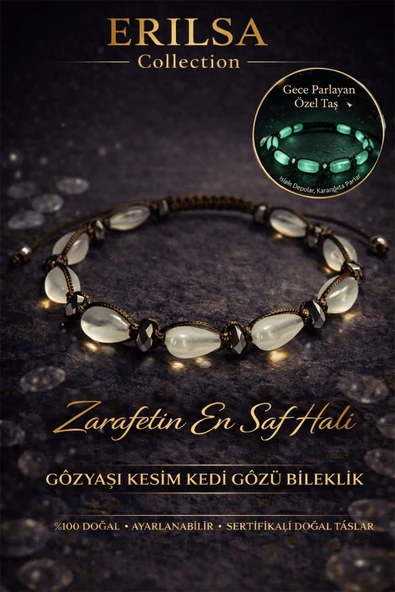 Sertifikalı Kedi Gözü Bileklik - 9mm Gözyaşı Fosforlu Gece Parlayan Akrilik Kehribar Makrome ürün görseli 1