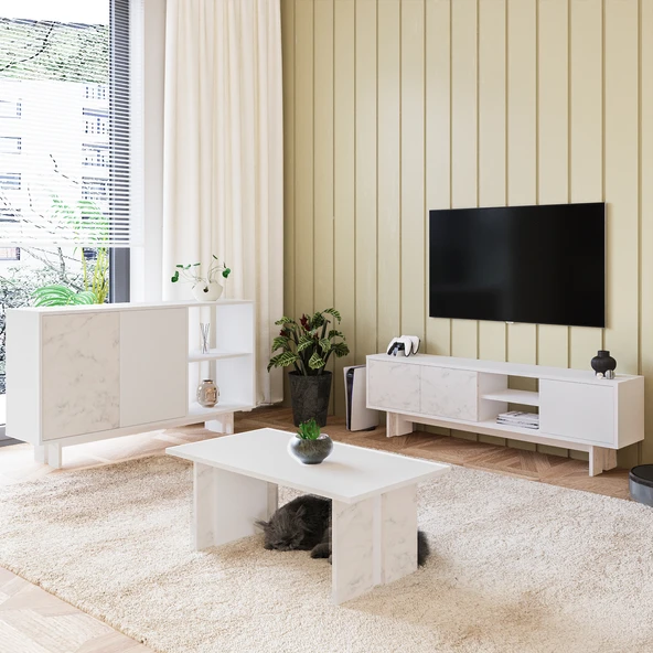 İnarch Dizayn Ravello Oturma Odası SET – Modern Konsol, TV Sehpası ve Orta Sehpa Üçlü Takım  Beyaz/Mormo Beyaz Mermer ürün görseli 1