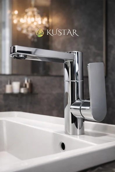 Modern Tek Kollu Krom Lavabo Bataryası  Banyo Musluğu  Aç-Kapa Döner Boru  Sıcak Soğuk ürün görseli 1