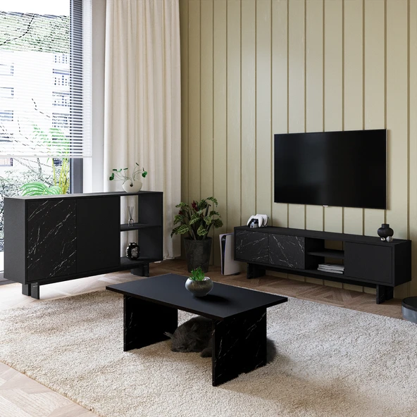 İnarch Dizayn Ravello Oturma Odası SET – Modern Konsol, TV Sehpası ve Orta Sehpa Üçlü Takım  Siyah/Siyah Mermer ürün görseli 1