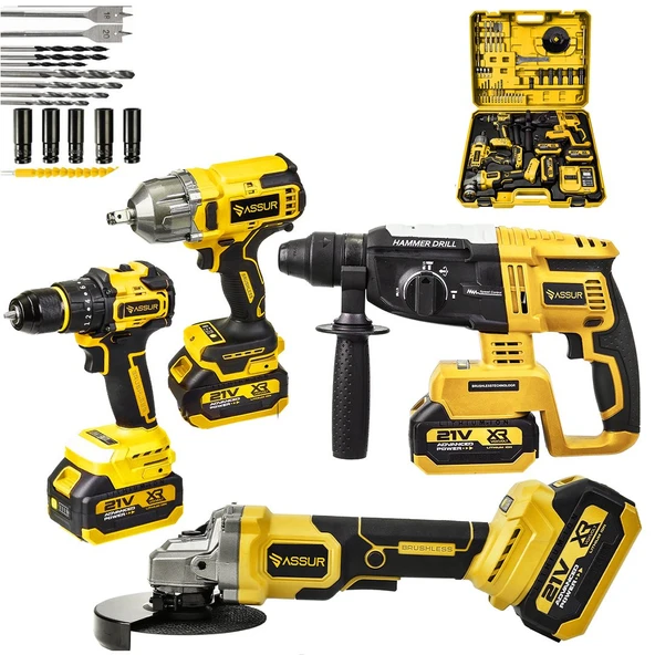 Assur ASR1192 Profesyonel Akülü Kömürsüz 4 lü Matkap Seti 21V 3ah - 800Nm Somun Sökme, 26mm Kırıcı Delici, 13mm Darbeli Vidalama, 125mm Avuç Taşlama (Sarı) ürün görseli 1