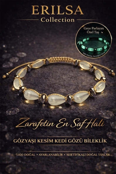 Sertifikalı Kedi Gözü Bileklik - 9mm Gözyaşı Fosforlu Gece Parlayan Akrilik Kehribar Makrome ürün görseli 1