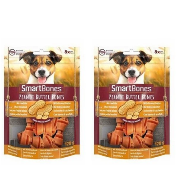 Smart Bones Yer Fıstığı Ezmeli Küçük Irklar İçin Düğümlü Köpek Ödül Kemiği (8li) 128Gr X 2 Adet ürün görseli 1
