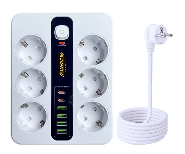 Akım Korumalı 6'lı Grup Priz 4 USB'li ve 2 TYPE-C li 6'lı Grup Priz 2 m Kablo Çocuk Korumalı ürün görseli 1