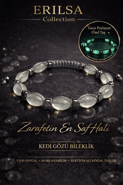 Sertifikalı Kedi Gözü Bileklik - 10mm Tombul Beyzi Fosforlu Gece Parlayan Akrilik Makrome ürün görseli 1