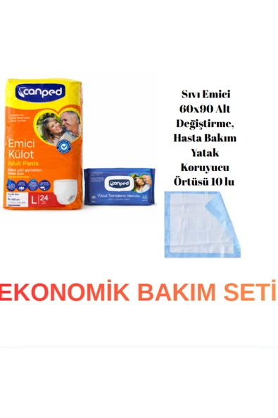 CANPED Hasta Bakım Seti L Bdn 24lü Hasta Bezi emci külot + 10’lu Yatak Kryc+ 48’li Vücut Tmzlm Hvls ürün görseli 1