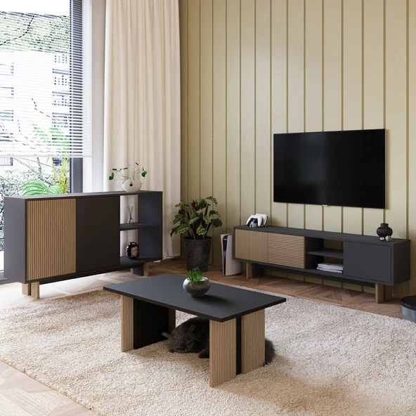 İnarch Dizayn Ravello Oturma Odası SET – Modern Konsol, TV Sehpası ve Orta Sehpa Üçlü Takım  Sıcak Meşe/Antrasit ürün görseli 1