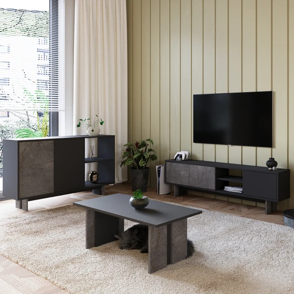 İnarch Dizayn Ravello Oturma Odası SET – Modern Konsol, TV Sehpası ve Orta Sehpa Üçlü Takım  Gordion Mermer/Antrasit ürün görseli 1