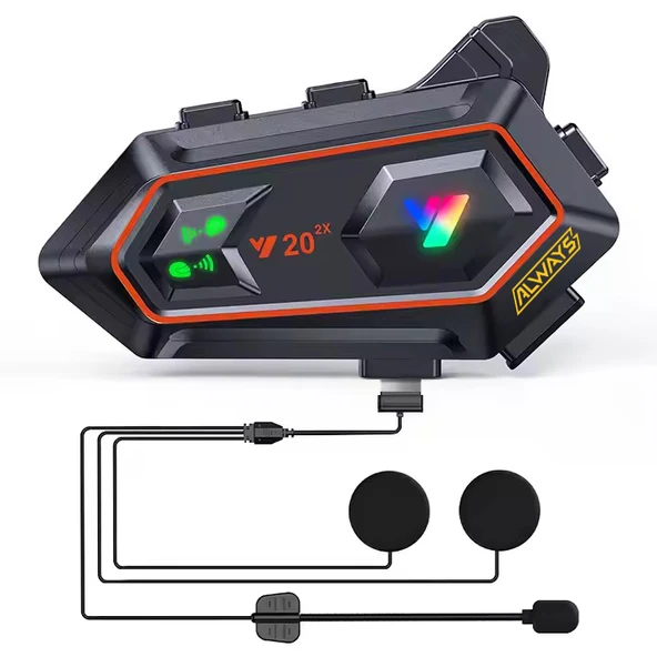Y20 2X 1000m Telsiz Mesafeli Özellikli 2 Kişi Bağlantılı Bluetooth Kask Kulaklık Ekranlı Fenerli Mü ürün görseli 1