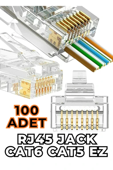 DataForce Yeni Nesil RJ45 Cat6 Cat5 Delikli Ağ Konnektörü – Kolay Montajlı 100’lü Paket ürün görseli 1